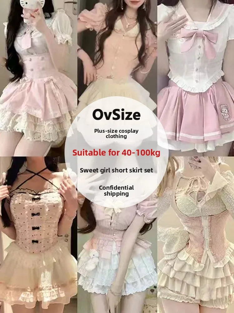 Uniform Puffy Skirt Pink White Set High Waist Bubble Sleeve Short Dress