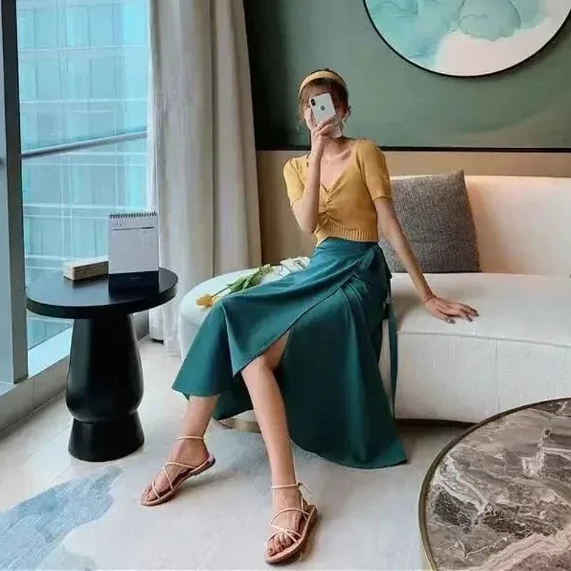 High Waisted Lace-Up Wrap Midi Skirt