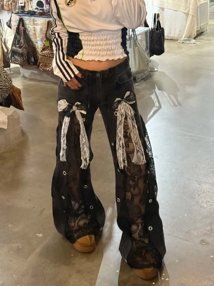 Lace Hollow Out Baggy Low Rise Jeans