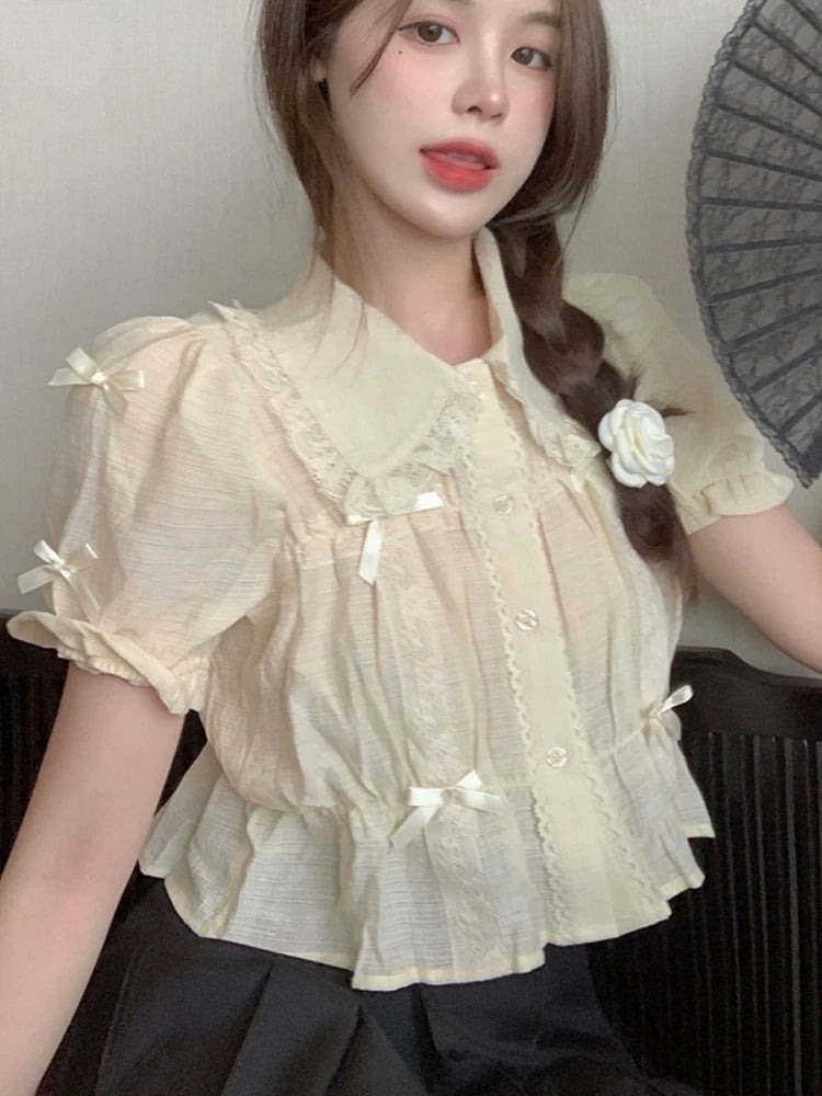 Puff Short Sleeve Button Down Shirt with Ribbon Bows