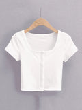Rib Button Through Short Sleeve Top