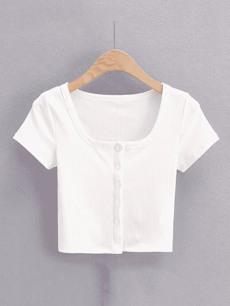 Rib Button Through Short Sleeve Top