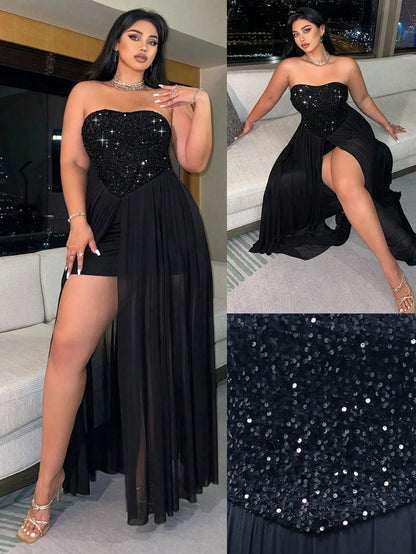 Sequin Strapless High-Slit Maxi Evening Dress