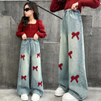 Bow Print Lining Plush Wide-Leg Denim Pants