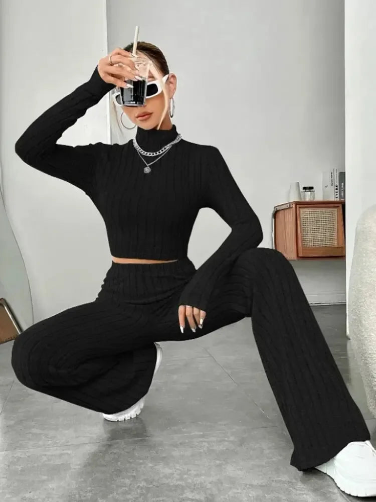 Solid ColorElegant Round Neck Tops Loose Pants Set