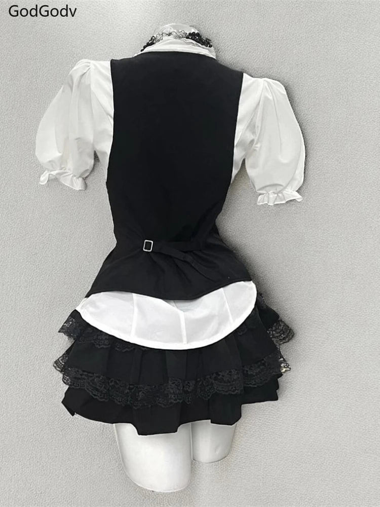Vest + Bow Chic Blouse + High Waist Skirt Set