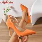 Aphixta Crystals Pearl Belt Round Buckle Stiletto Heels