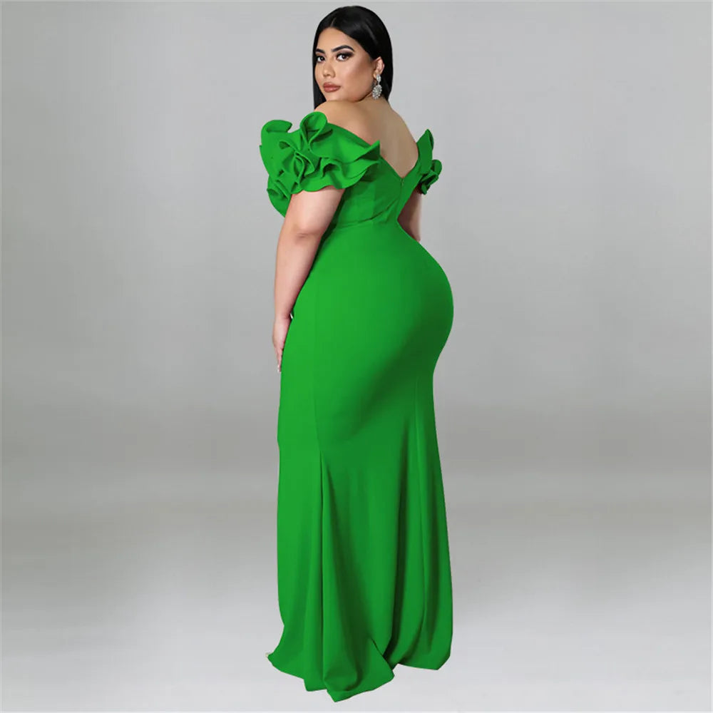 Wmstar Plus Slip Hem Ruffle Sleeve Maxi Dress