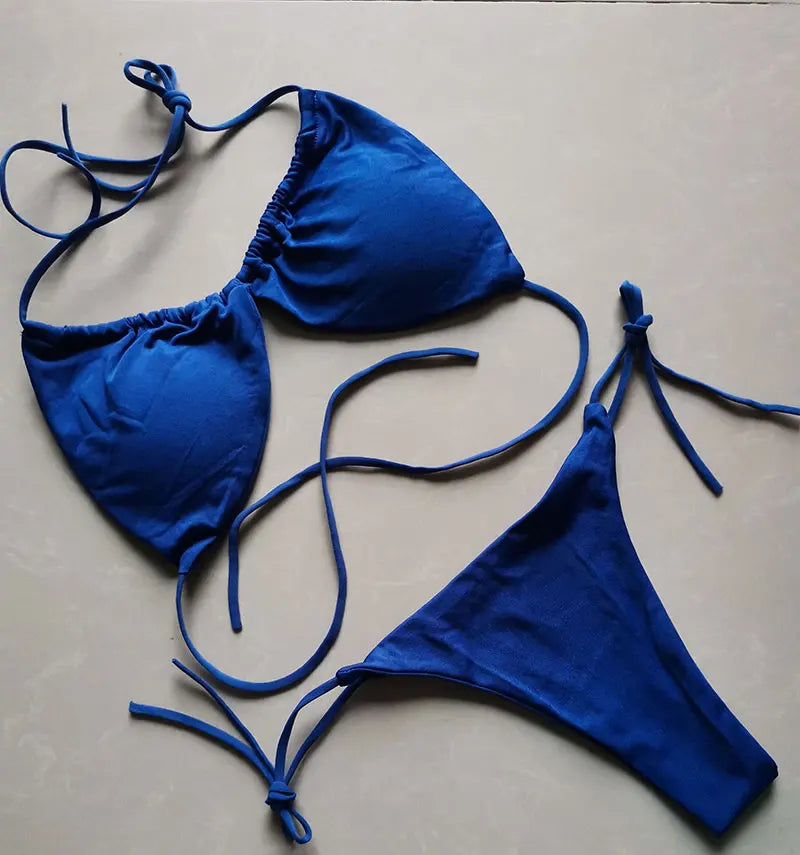 Solid Color Ruched String Bikini