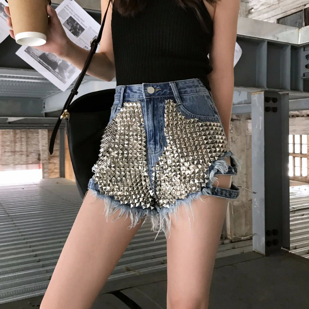 Side Spike Denim Shorts