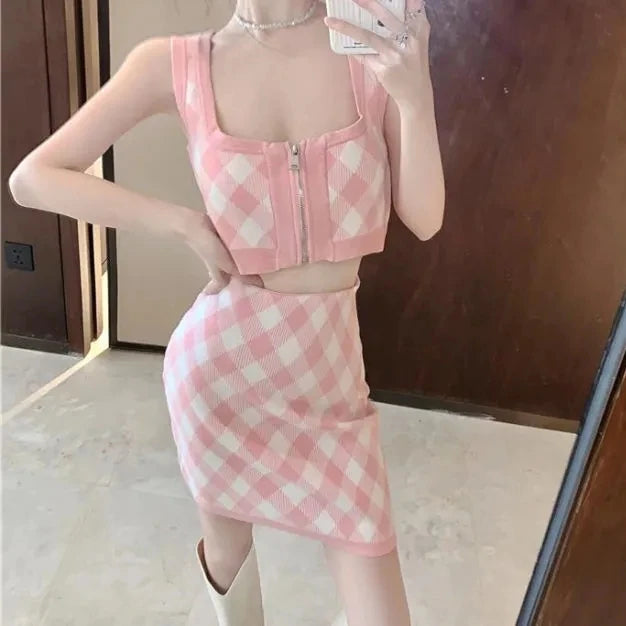 Knit Plaid Skirt 2 Piece Set
