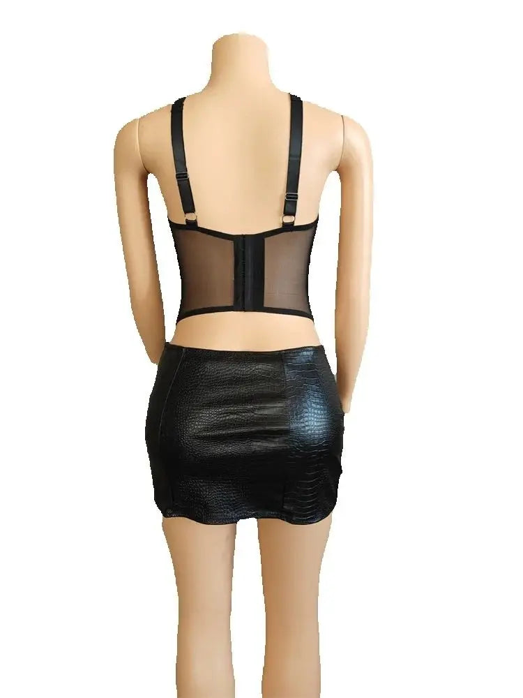 Nibber Halter Hollow Backless Mesh Patchwork Top + Irregular Peach Hip Split Skirt Set