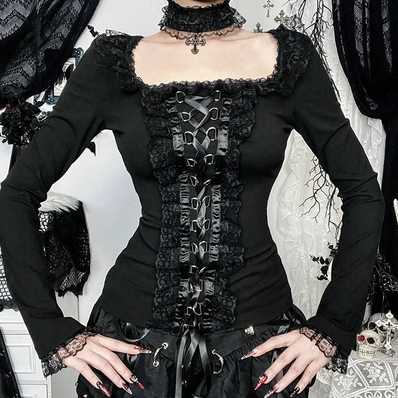 Lace Side Patchwork Long Sleeve Tee