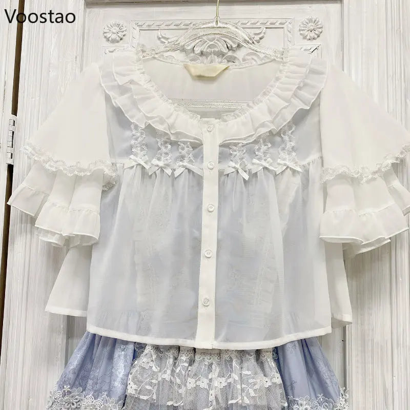 Bow Lace Ruffles O-Neck Short Shirt