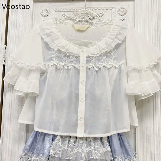 Bow Lace Ruffles O-Neck Short Shirt