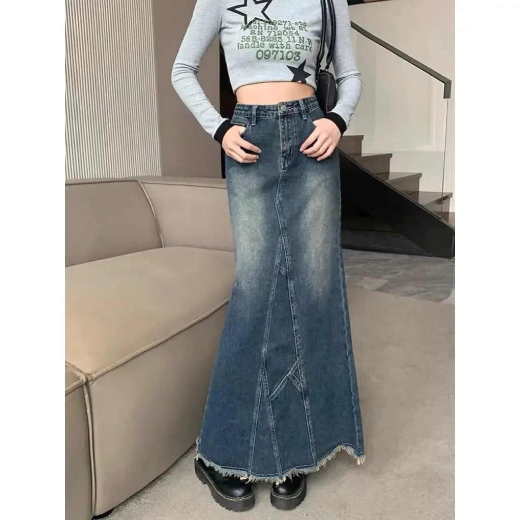 Washed Long Denim Maxi Skirt with Raw Raw-Hem & Patchwork Stitching