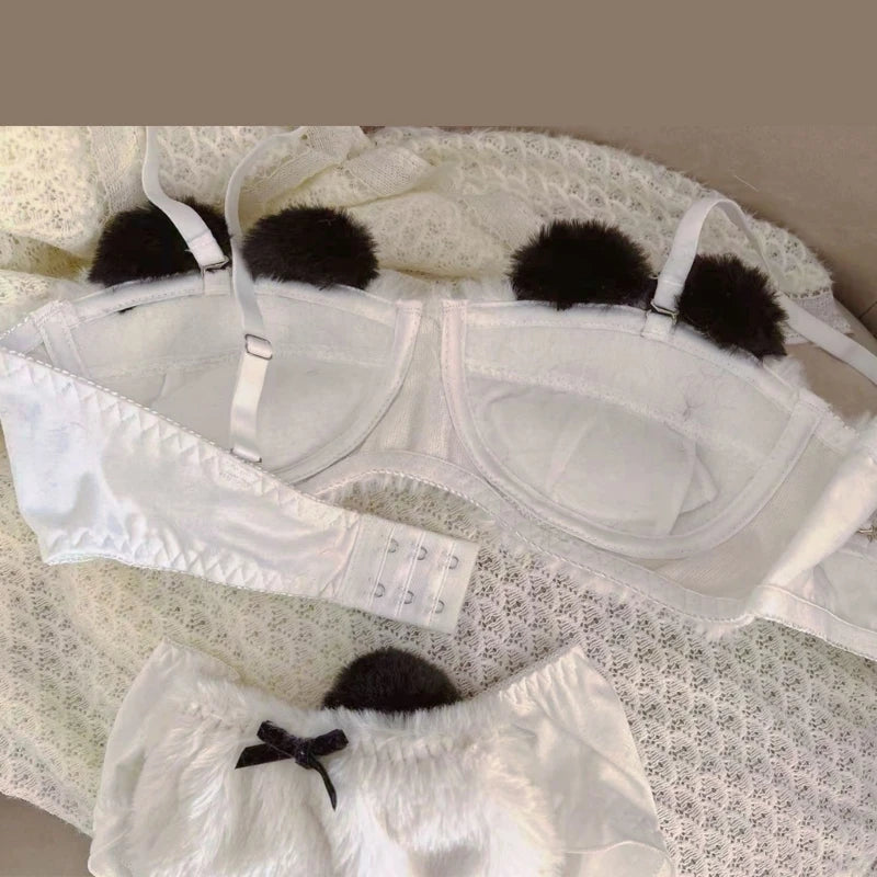 Cartoon Furry Panda Shape 2Pcs Women's Plush Bras and Panty Set Young Lady Japanese Lolita Style Underwear for Cosplay Party