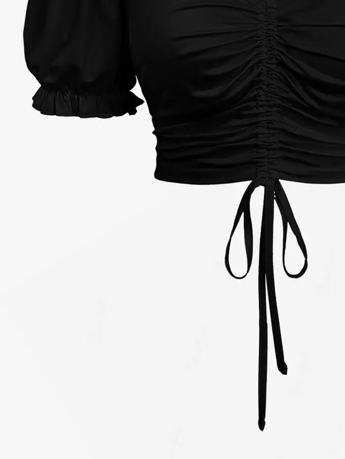 Cold Shoulder Puff Sleeves Cinched Ruffles Cropped Tops Solid  Women Summer Casual Cami Top XS-3X