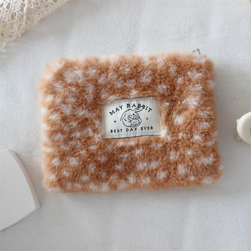 New Deer Patterned Plush Coin Purse Large Capacity Makeup Bag Travel Organizer Lipstick Case Pencil Case Sanitary Pad Pouch