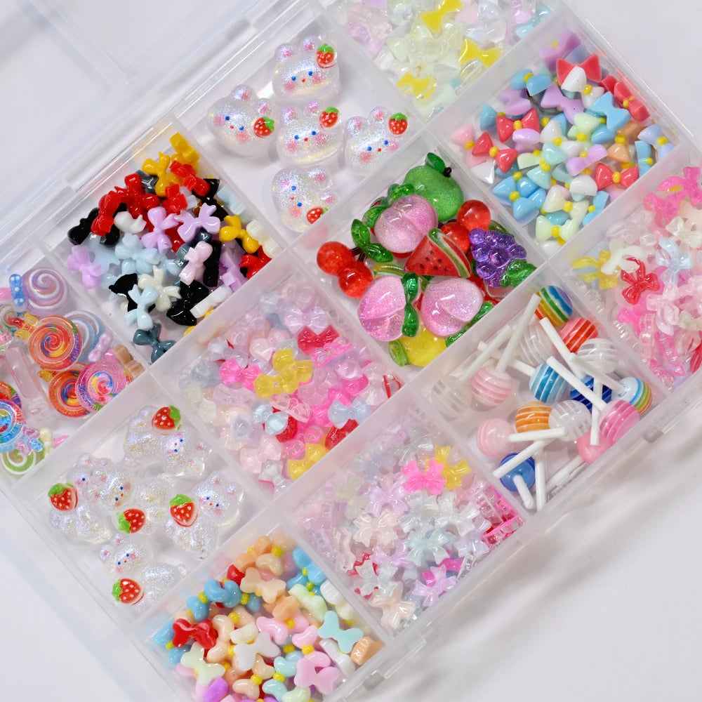 1Box 3D Resin Candy Color Bow Nail Art Charms Cartoon Rabbit /Lollipop/Fruit Nail Art Decorations Kawaii Bowtie Nail Suppies U7#