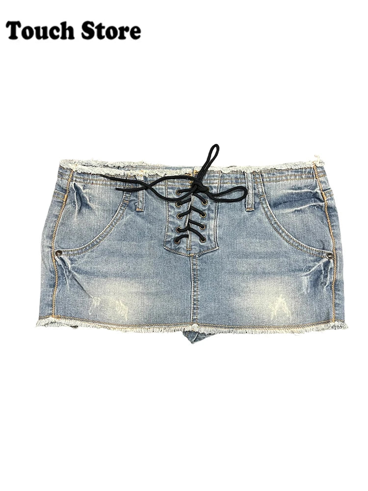 Lace-Up Denim Micro Mini Skirt