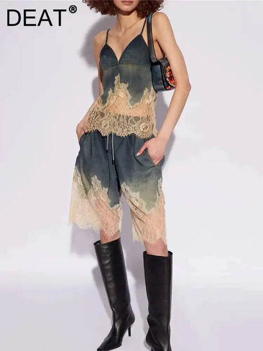 DEAT 2 Pcs Set Denim Lace Backless Tank Tops High Waist Lace-up Pockets Knee Length Shorts