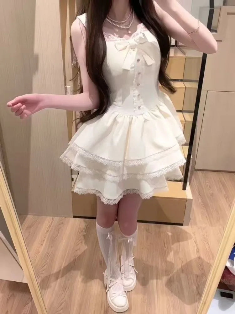 ZHUOLIN Sweet Bow Patchwork Solid Dress