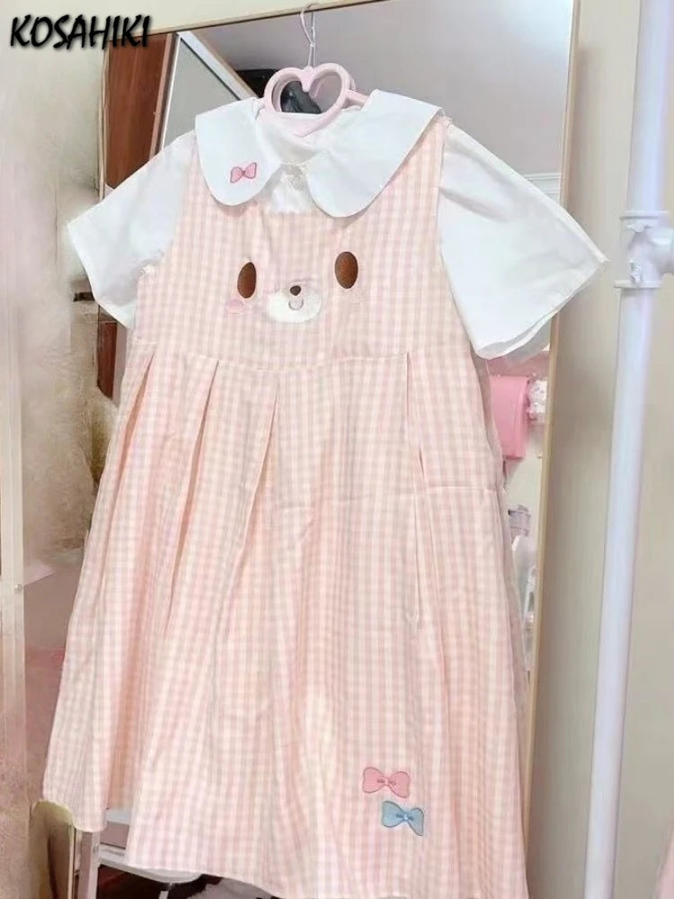 Plaid Cartoon Sleeveless Mini Dress + Doll Collar Blouse
