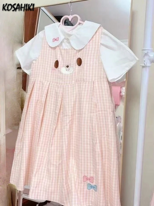 Plaid Cartoon Sleeveless Mini Dress + Doll Collar Blouse