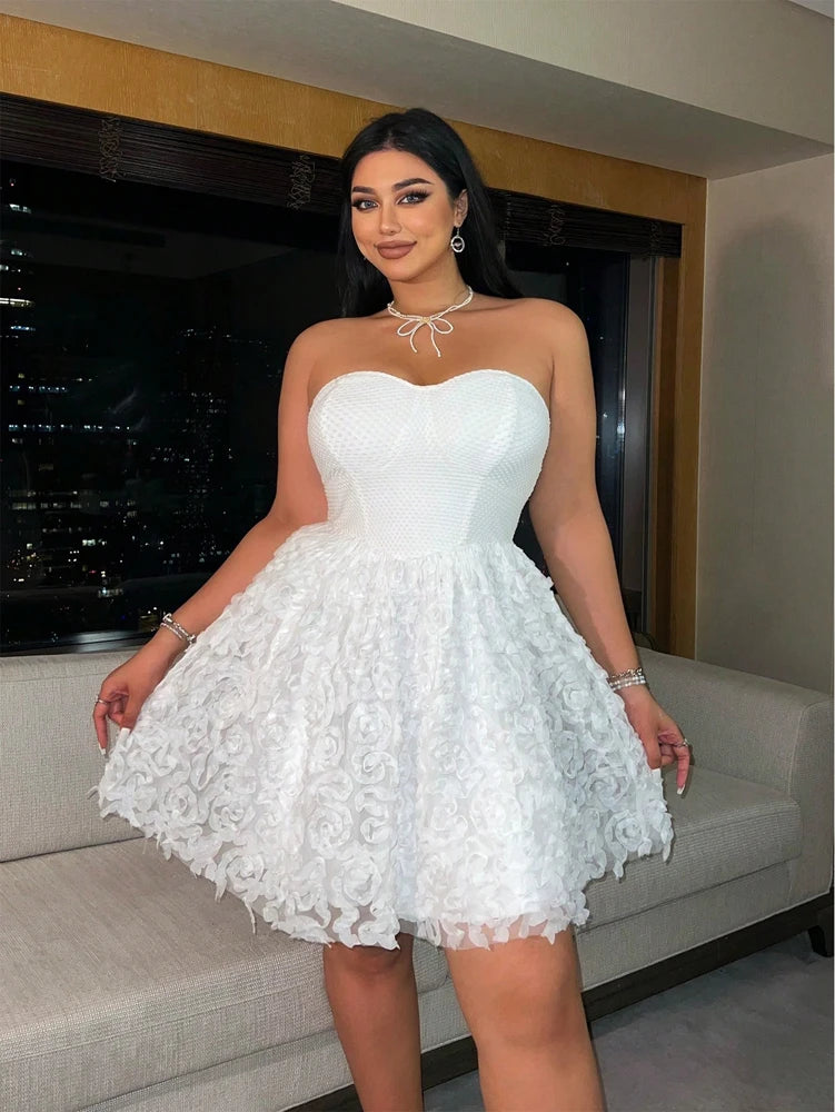 Strapless Sweetheart Mini Dress with 3D Floral Rosette Skirt