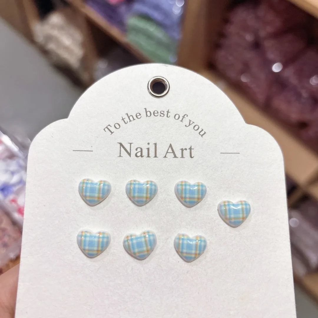 100Pcs 10×11mm Heart Plaid Nail Charms - 3D Sweet Girl Nail Art, Lovely Press-On Nail Decor for DIY Kawaii Manicures
