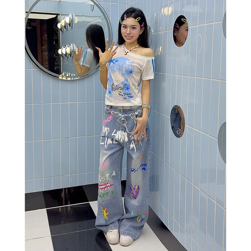 Baggy Graffiti Print Jeans