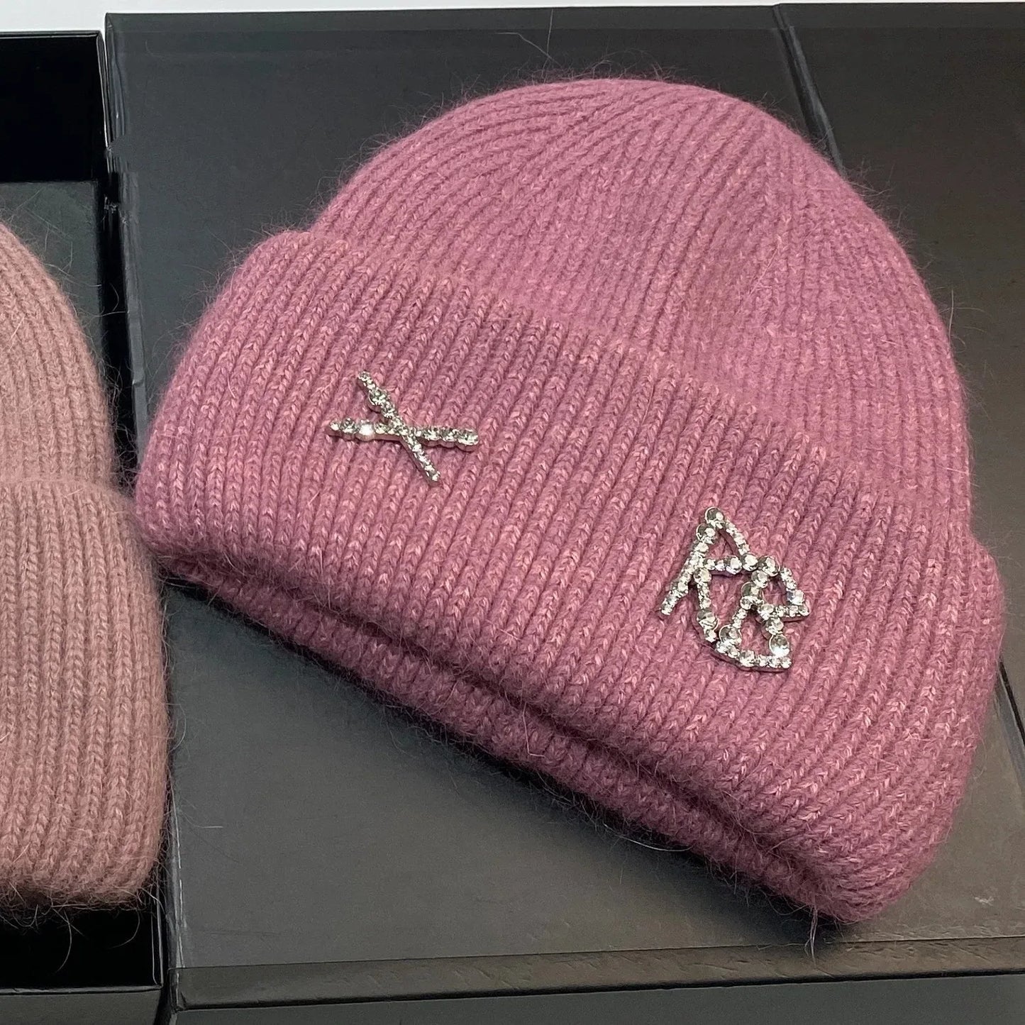 Real Rabbit Fur Diamonds Letter Beanie