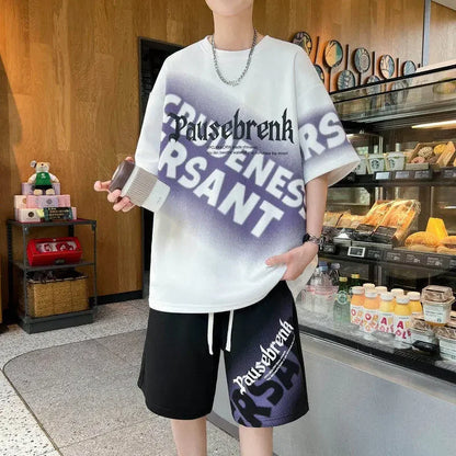 メンズ Tシャツ ショーツ 2点セット 2024 赤いトラックスーツ 原宿系 韓国風 ハイストリート ファッション クリエイティブ パターン メンズ ショートスーツ