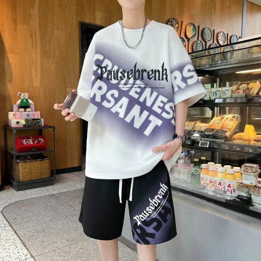 メンズ Tシャツ ショーツ 2点セット 2024 赤いトラックスーツ 原宿系 韓国風 ハイストリート ファッション クリエイティブ パターン メンズ ショートスーツ