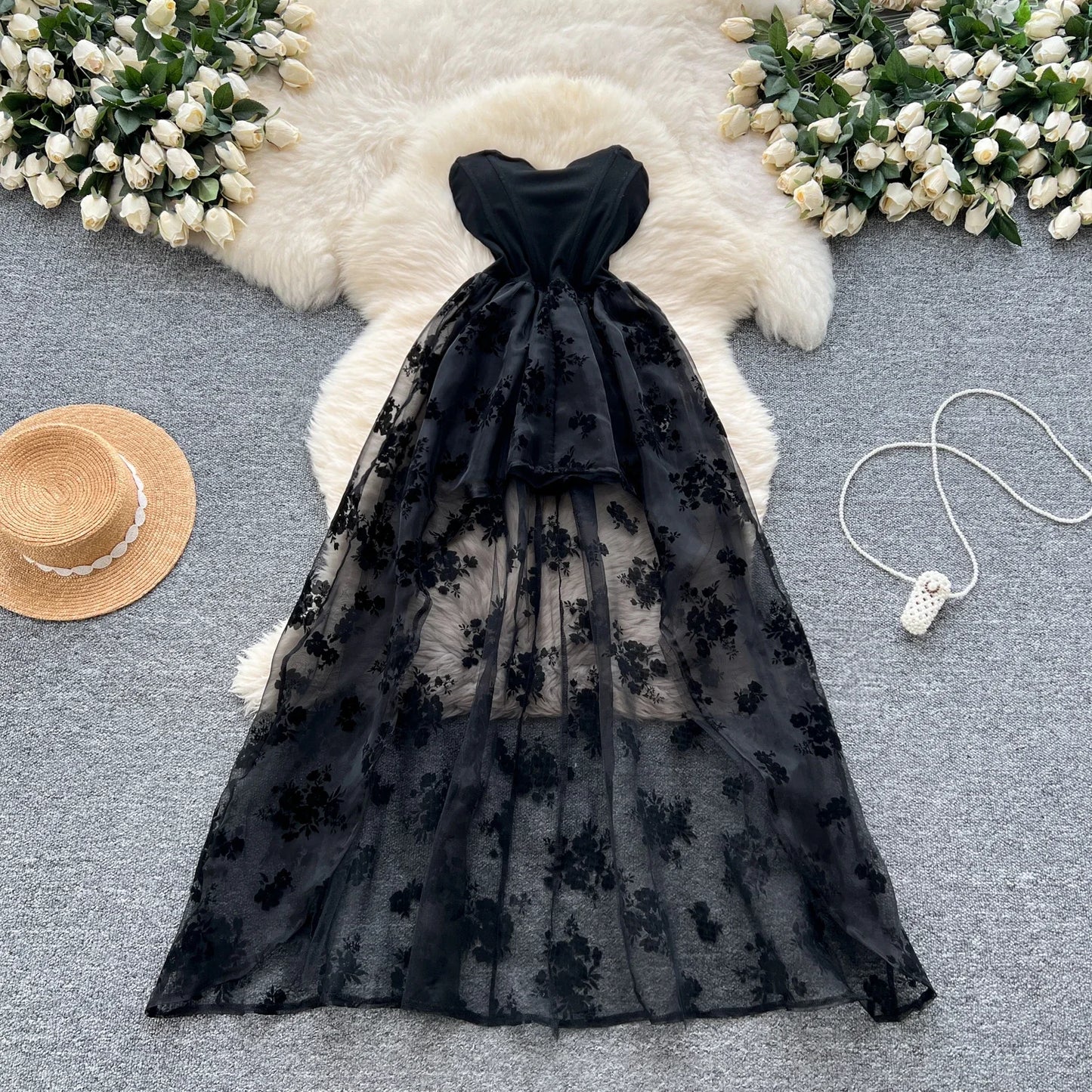 Flocking Print Chic Strapless Mesh Spliced Dress