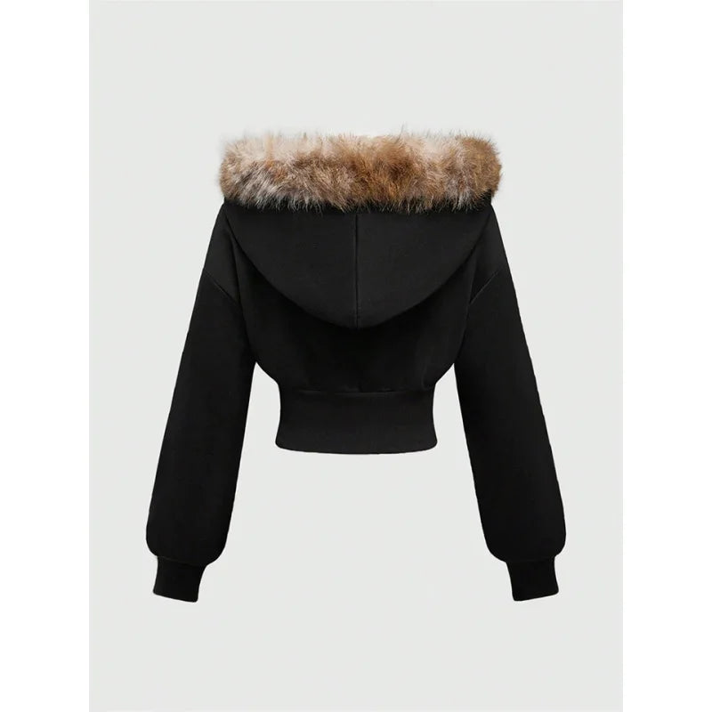 Faux Fur Trim Corset Zip-Up Hoodie