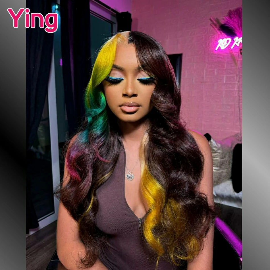 Multicolor Yellow Green Colored Body Wave Lace Front Human Hair Wig