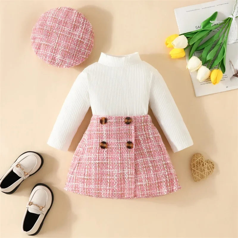 Long Sleeve Tops Plaid Pattern Skirt Beret 3 Piece Set
