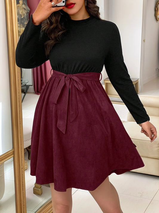 Patchwork Dress with Two-Color Waistband