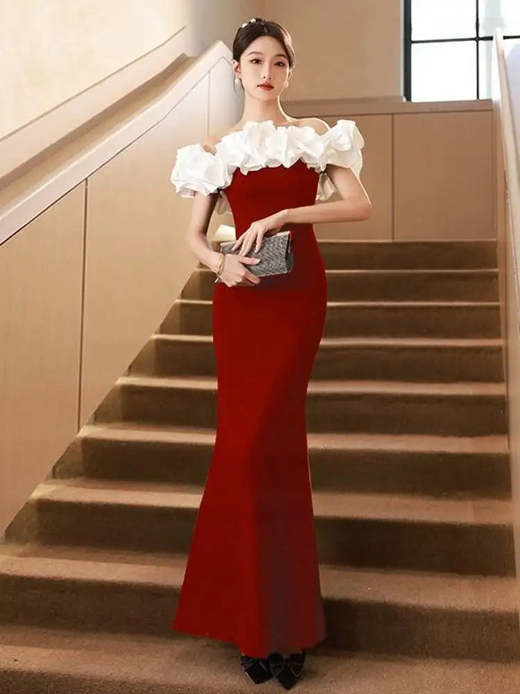 Ruffled Off-Shoulder Evening Gown