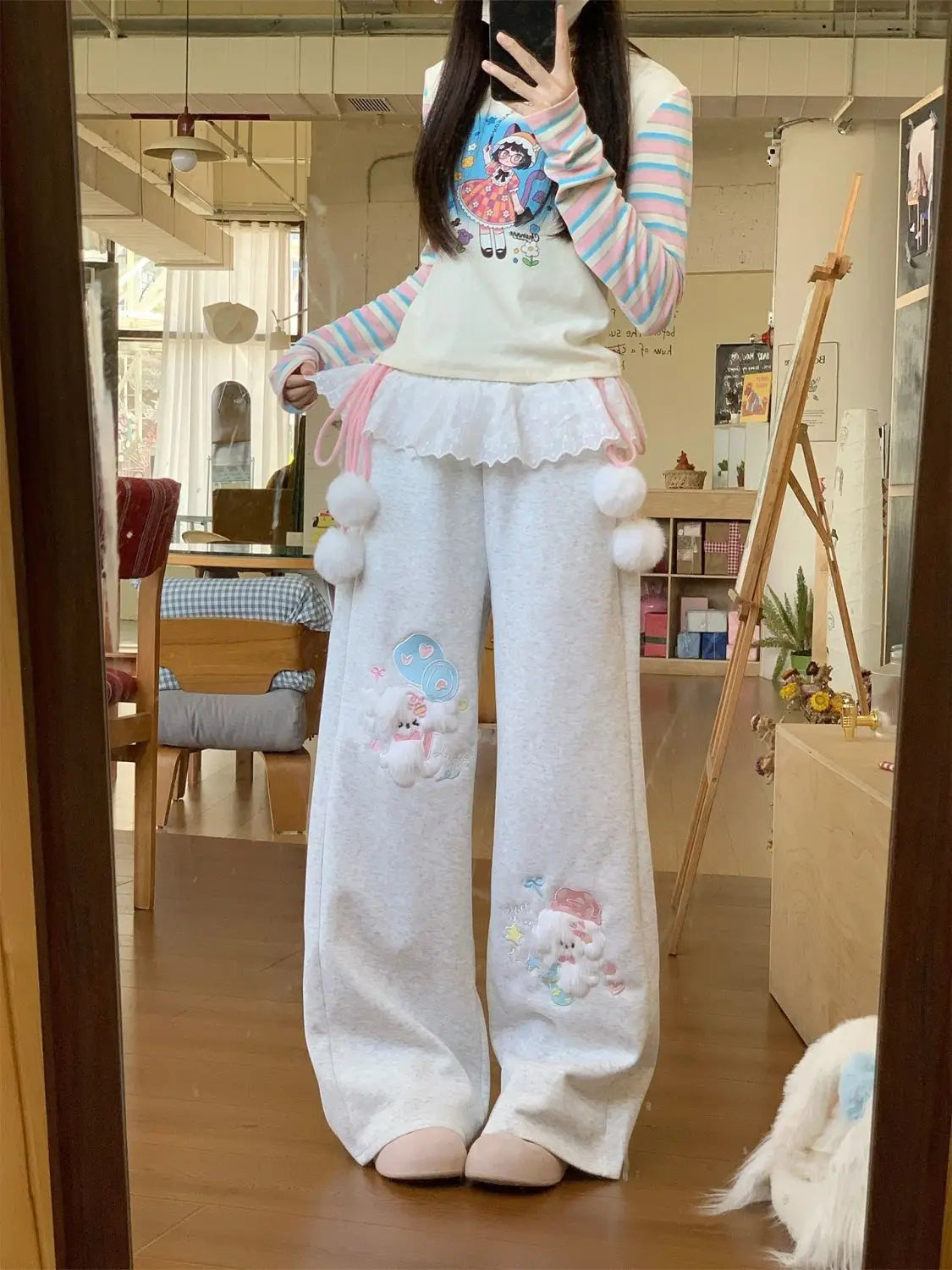 Cute Bunny Graphic Wide-Leg Lounge Pants – Grey with Pink Ribbons & Pom-Poms