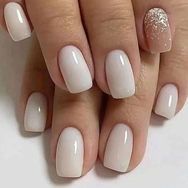 24Pcs French Fake Nails with Jelly Glue Mid-length Gradient White False Nail Wearable Square Head Press on Nails Full Nail Tips