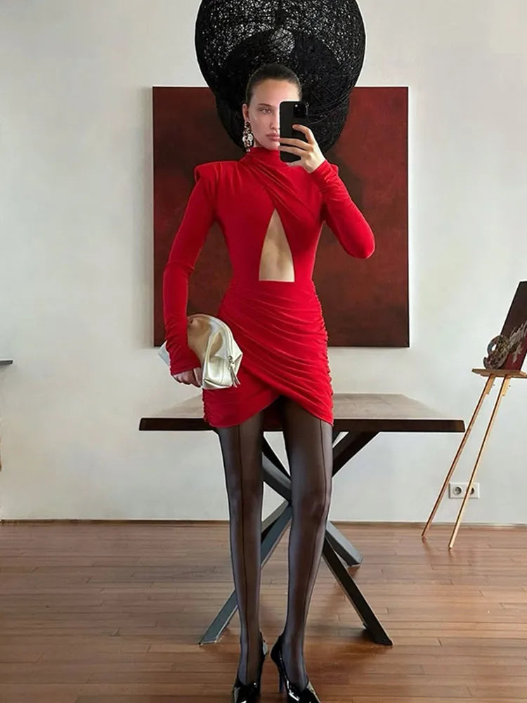 Solid Hollow-Out High Collar Mini Dress