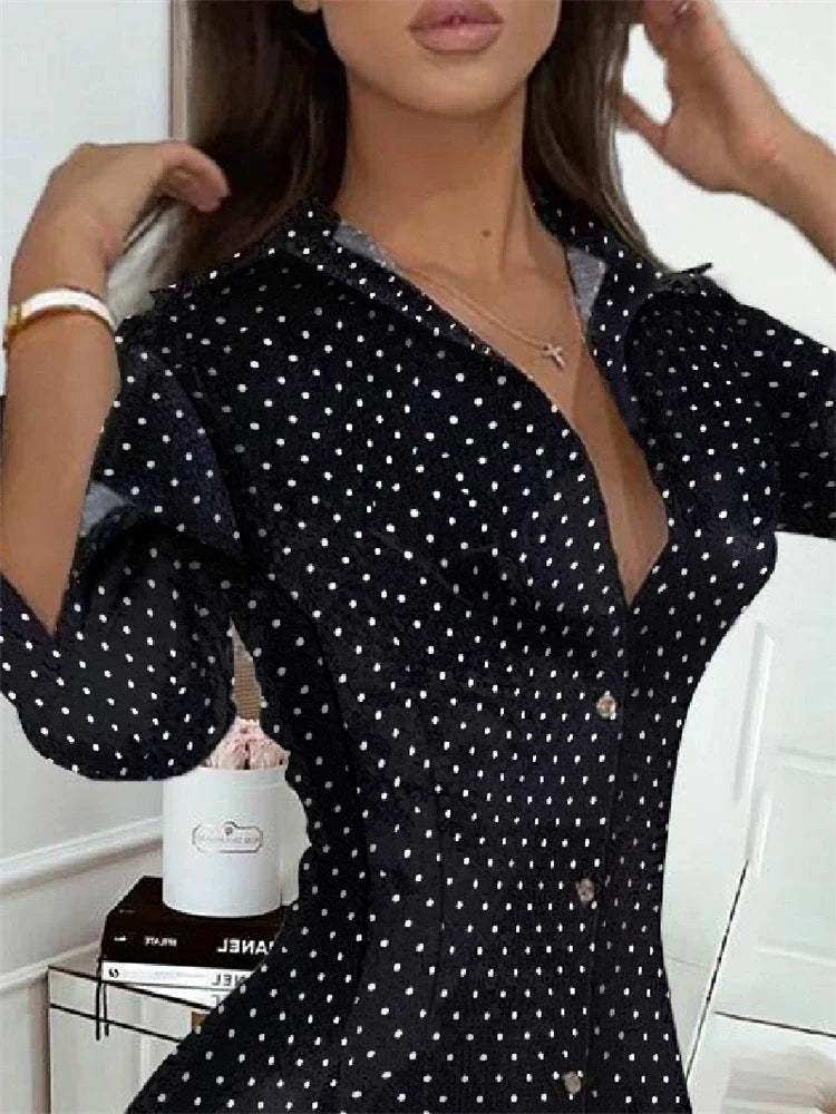 Polka Dot Print Button Front Long Sleeve Shirt Dress