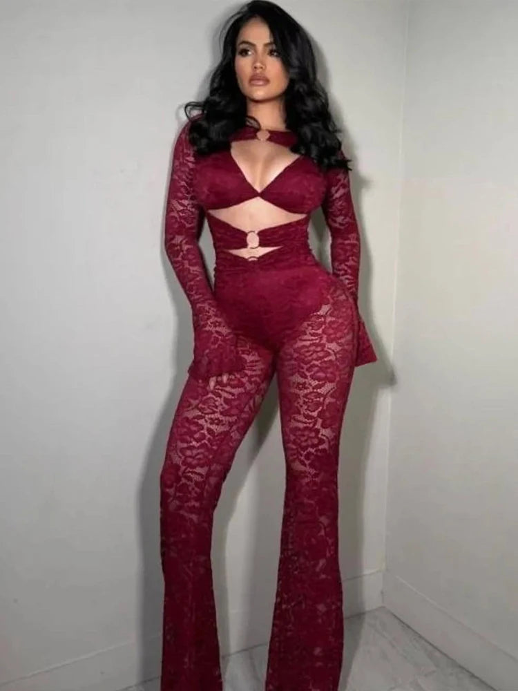 Hollow Ring Crop Tops + Flare Pants Set