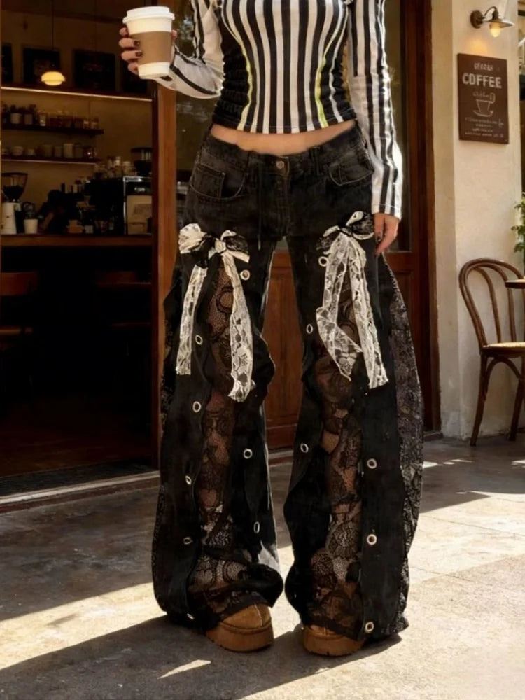Lace Hollow Out Baggy Low Rise Jeans
