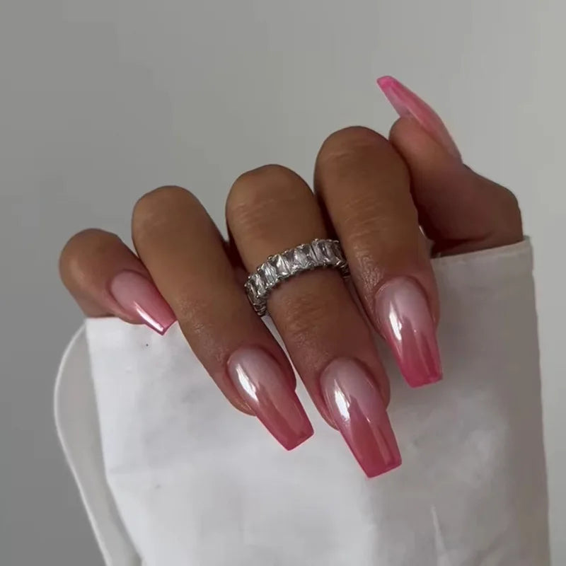 24Pcs French Fake Nails with Jelly Glue Mid-length Gradient White False Nail Wearable Square Head Press on Nails Full Nail Tips