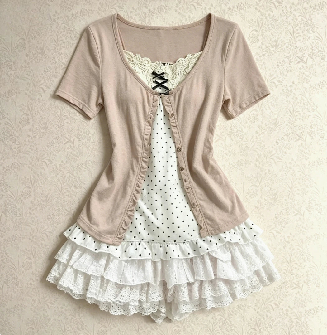 Lace Patchwork Dress Two Piece Set