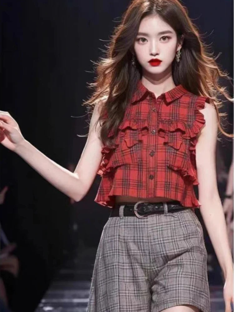 Plaid Ruffles Patchwork Crop Top